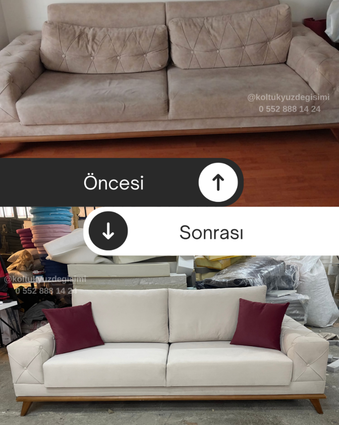 Eski koltuğun kumaş değişimi sonrası yeni ve modern görünümü. Kaliteli döşeme kumaşı